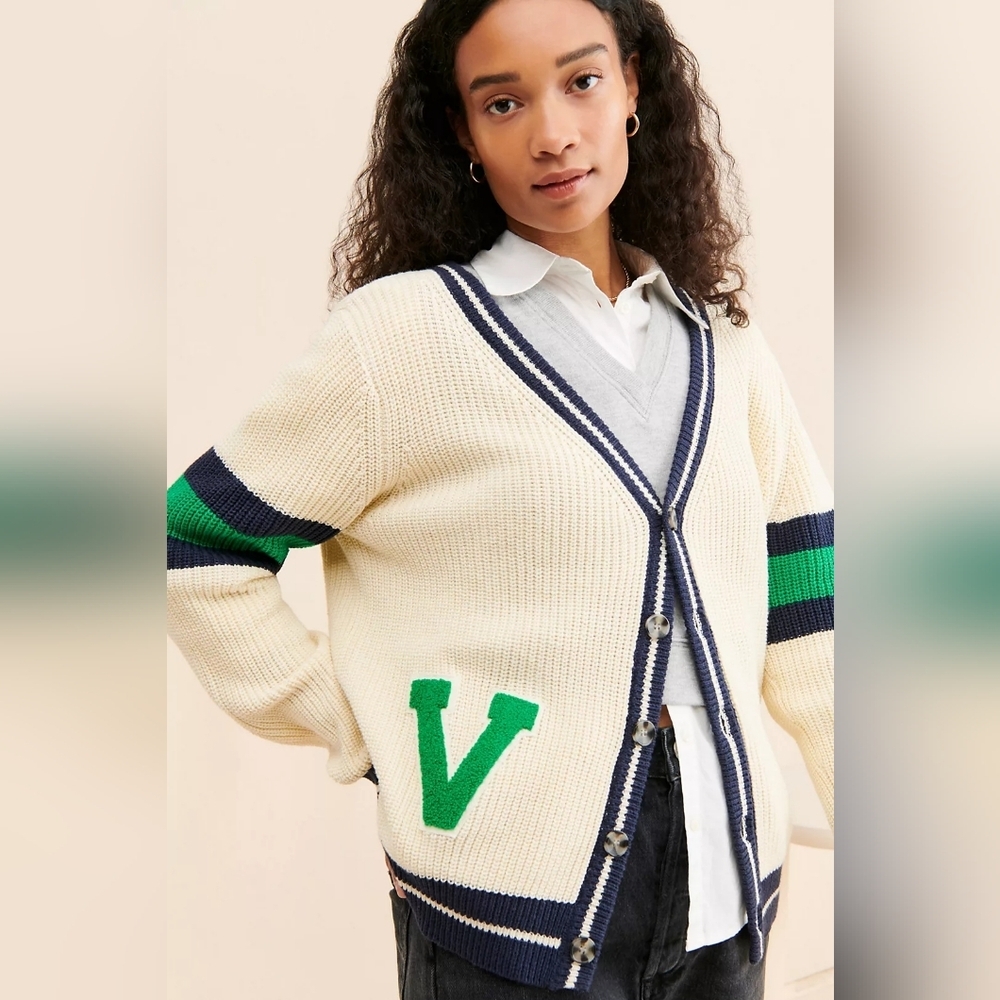 Callahan Cream Cardigan with Black and Green, Size 1X